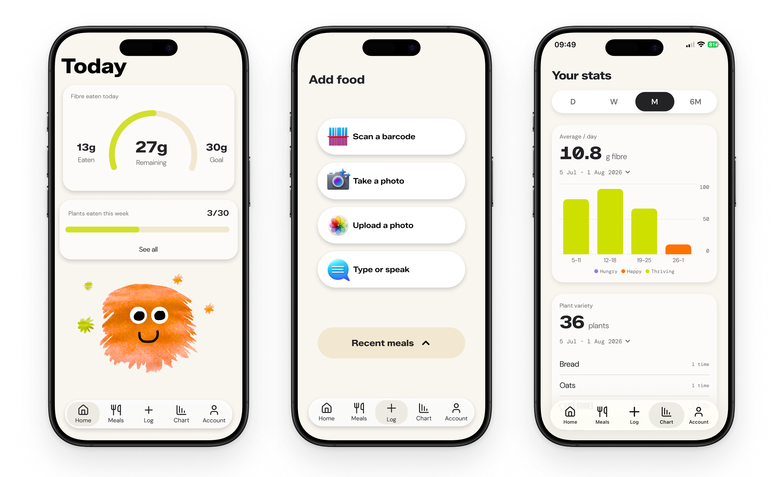 Muchi app screens: Today, Add food, and Your stats